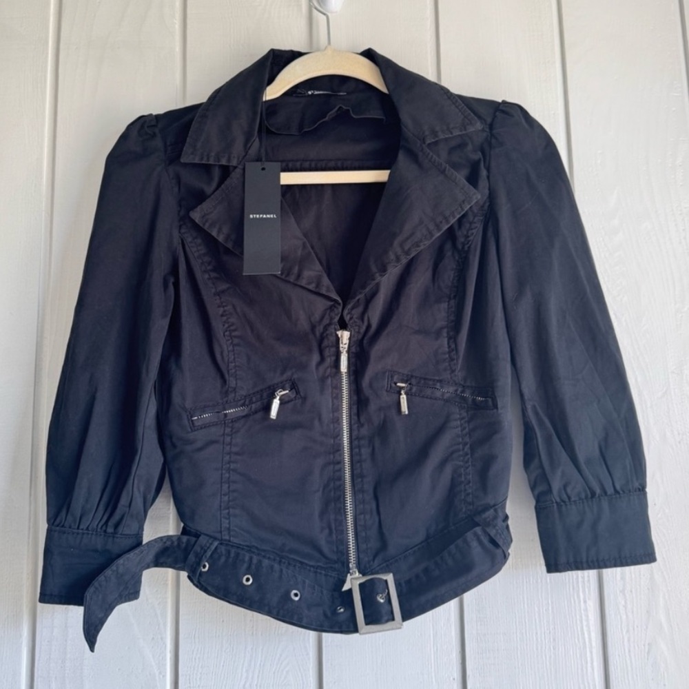 NWT Stefanel Black Buckle Zip Up Jacket Top